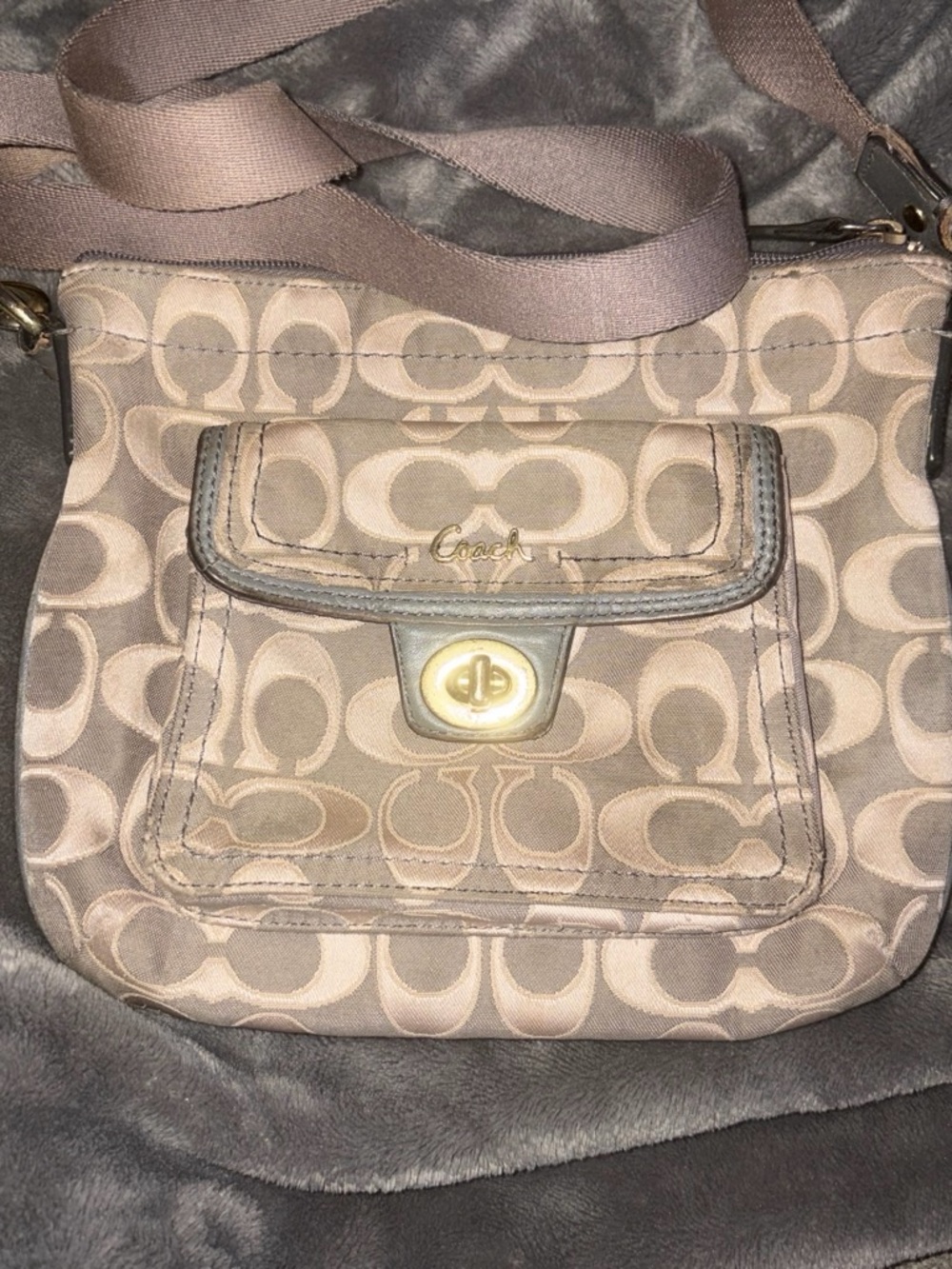 Coach Taupe Signature Canvas Crossbody with Turn-Lock Pocket